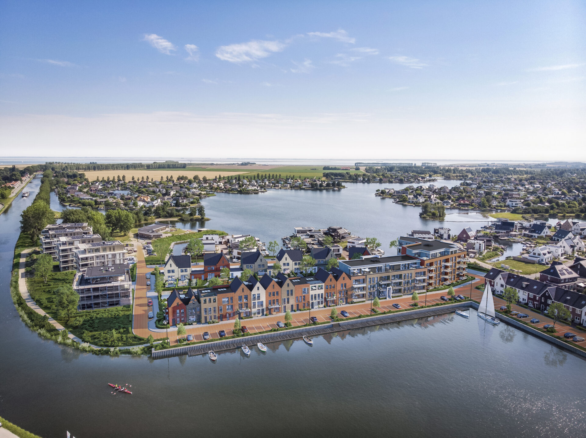Luchtbeeld van Bellevue Goese Diep aan het water