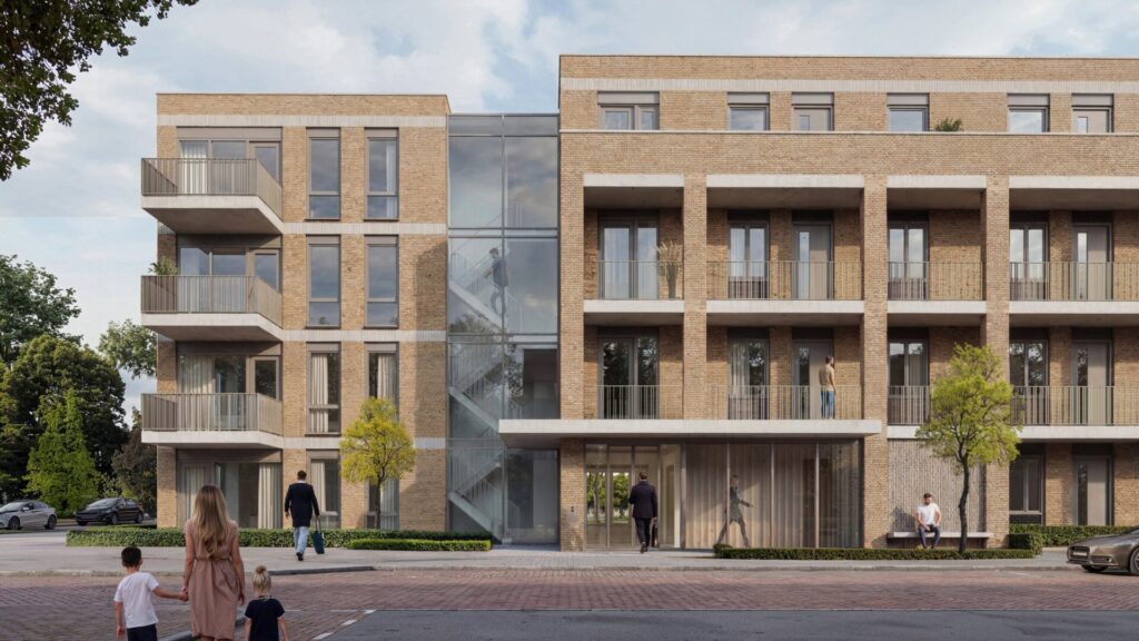Transparante hoofdentree en balkongevel van de appartementen aan de M.A. van de Puttestraat