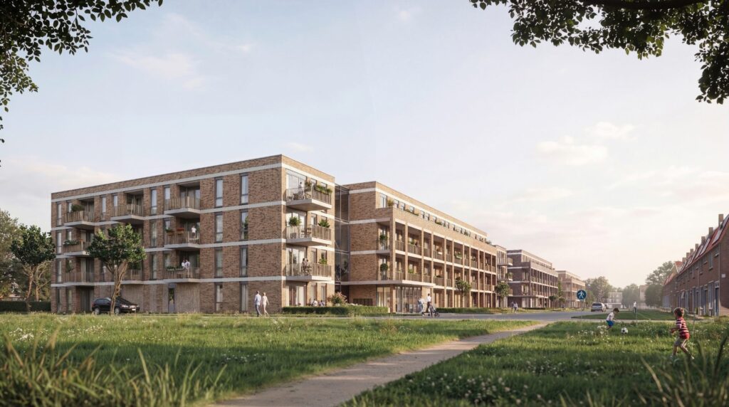 Straatbeeld van de 99 appartementen aan de M.A. van de Puttestraat in Oost-Souburg